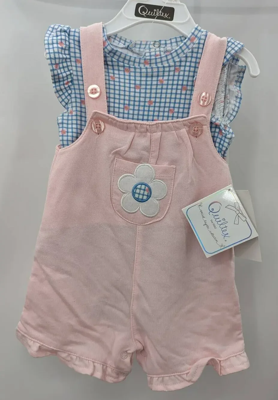 Quiltex Shortalls Pink Suspender Blue Plaid Floral Top 2 Piece Outfit 3-6 Months